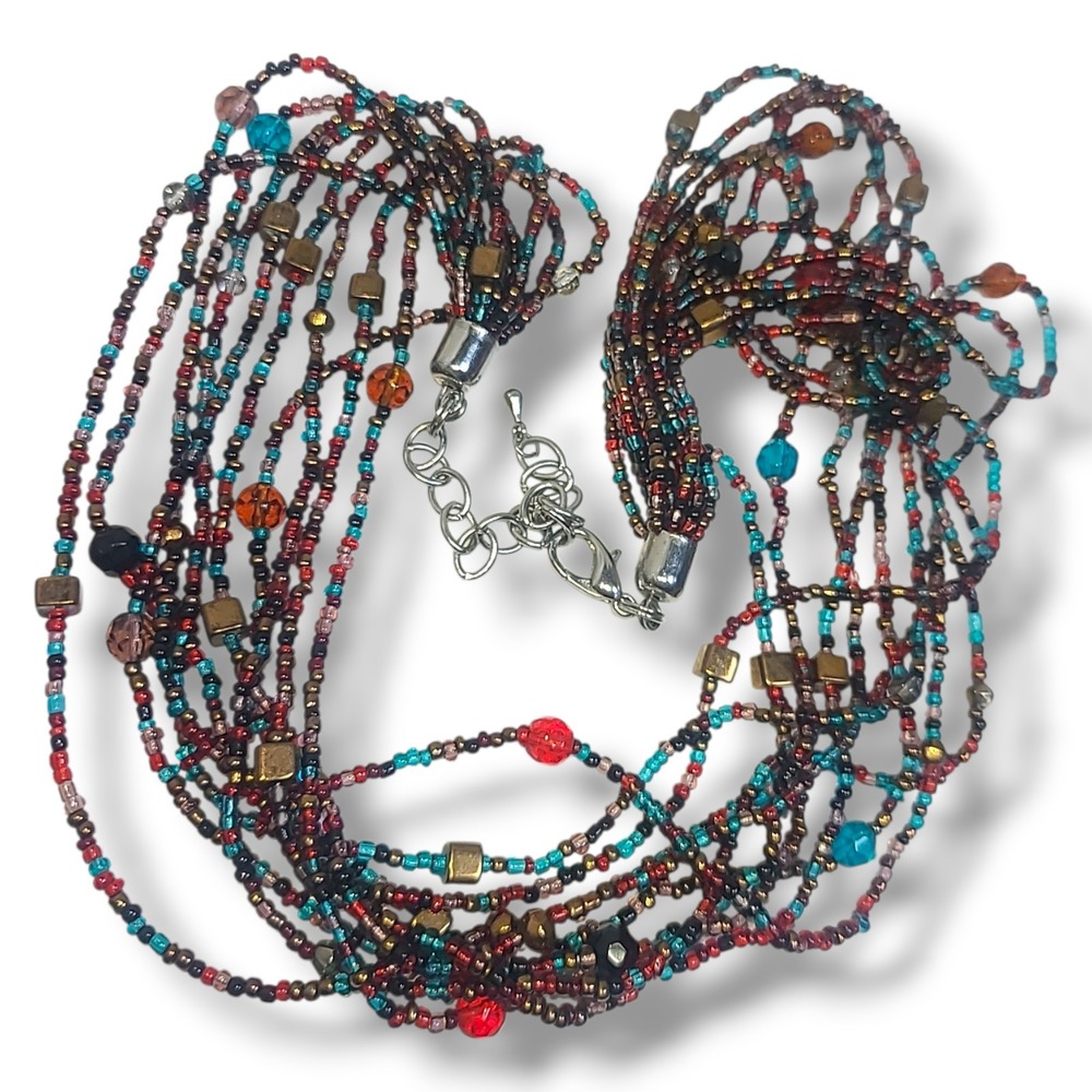 Vintage Multi Strand Glass Seed Bead Necklace 19-22"‎ Boho Layered Colorful